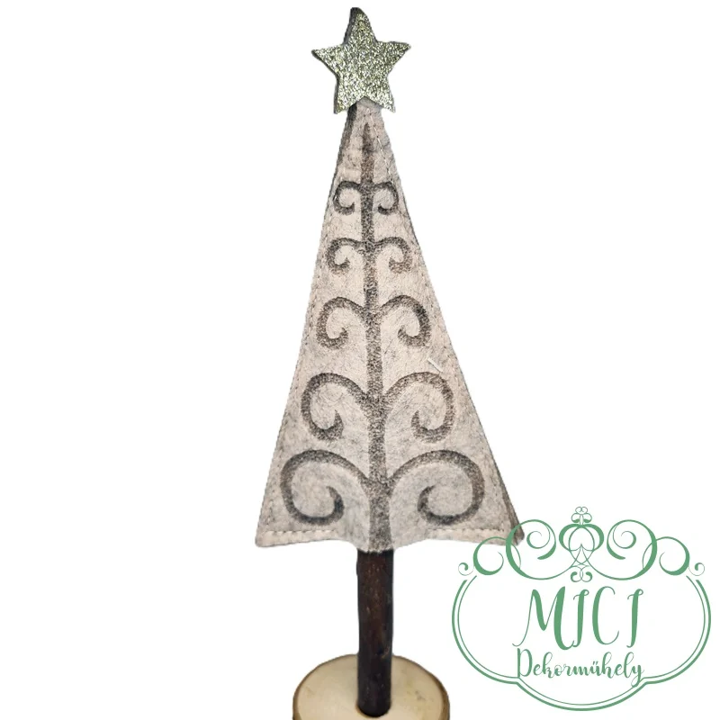 Karácsonyi dekoráció; textil fenyőfa fa talpon. Tökéletes ajándék lehet