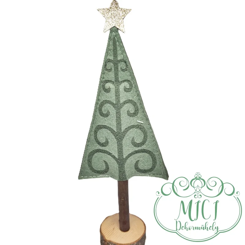Karácsonyi dekoráció; textil fenyőfa fa talpon. Tökéletes ajándék lehet