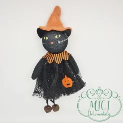 Alternative view of Textil akasztós HALLOWEEN figura; Fekete macska; Tök kalappal; ~6*20cm