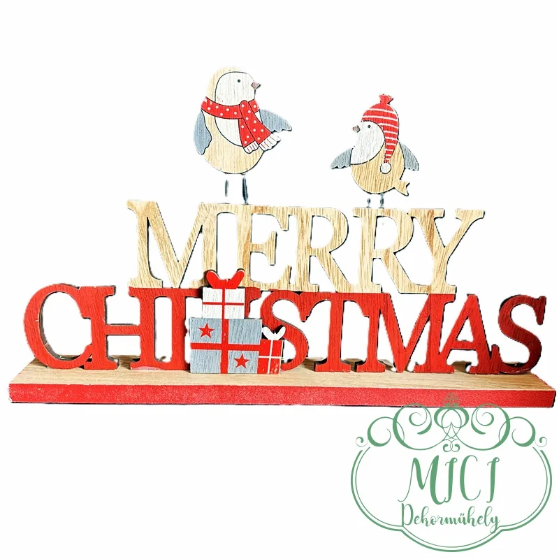 Karácsonyi fa dekoráció; MERRY CHRISTMAS felirat; madárkákkal; talpon álló; natúr-piros; 34*5*20cm
