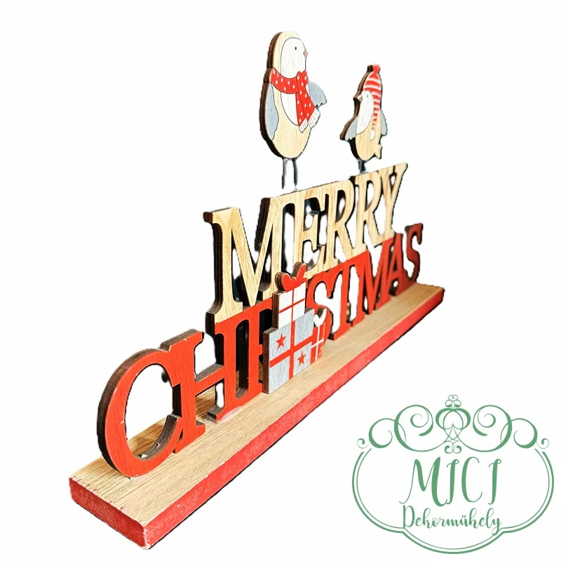 Karácsonyi fa dekoráció; MERRY CHRISTMAS felirat; madárkákkal; talpon álló; natúr-piros; 34*5*20cm - Image 3